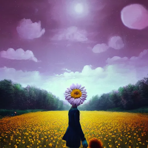 Image similar to giant daisy flower as a head, girl walking in flower field, surreal photography, night moon light, dramatic, impressionist painting, clouds, digital painting, artstation, simon stalenhag