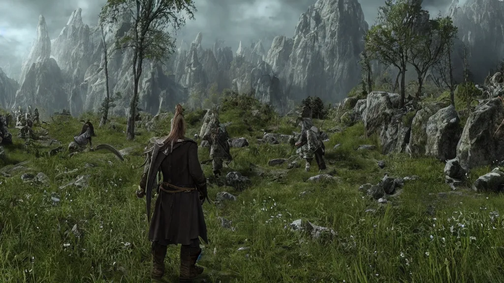 Image similar to screenshot from the new Lord of the Rings open-world videogame, minimap in the corner, high detail hud, third person game, Elves, the Hobbit, Unreal Engine, high quality, next-gen graphics, 4k, epic, cinematic, fantasy, Tolkien,