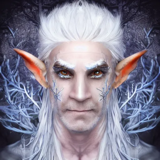 Prompt: the frightening archfey called'the prince of frost ', fantasy, white hair, blue skin, wild eyebrows, middle - age, elf, crown, hard edges, soft lighting, professional lighting, trending on cgsociety