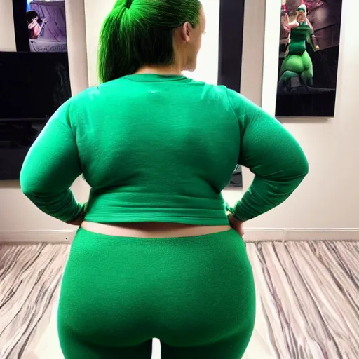 Prompt: a back behind photo of thicc princess Fiona wearing a green sweatpants, and green shirt, dancing