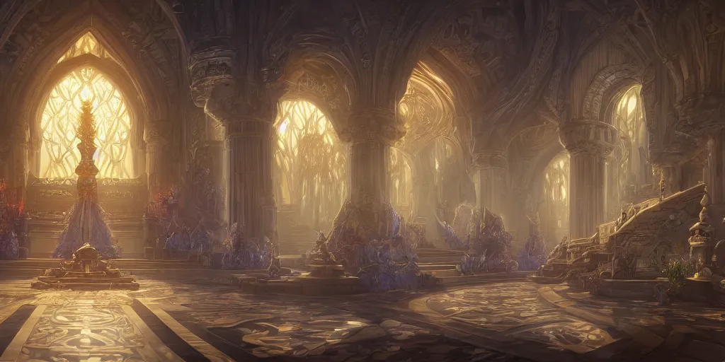 Prompt: a fantasy art of a grand throne room by Alayna Lemmer-Danner and Christine Holderby , unreal engine, god rays, ue5, concept art, wide angle, 4k hd wallpaper