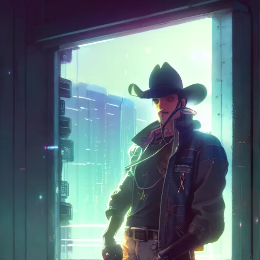 Prompt: cyberpunk cowboy, single subject, scenic full shot, ambient lighting, detailed face, by makoto shinkai, stanley artgerm lau, wlop, rossdraws