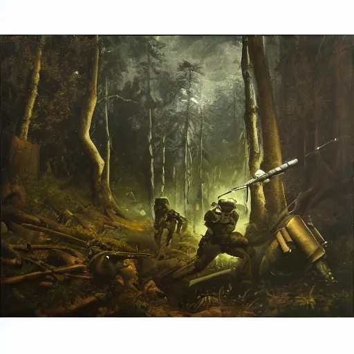 Prompt: high-tech military squad tracking a monster through a dark forest, oil painting, high detail, technical