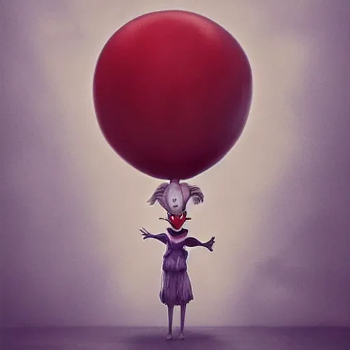 Image similar to pixel art of Billie eilish with a wide smile and a red balloon by Zdzisław Beksiński, loony toons style, pennywise style, corpse bride style, creepy lighting, horror theme, detailed, elegant, intricate, conceptual, volumetric light