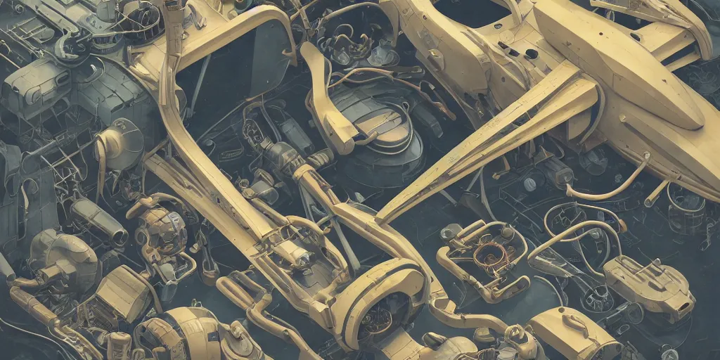 Image similar to collection of exploration of form and shapes, moebius, engine, props, hard surface, panel, simon stalenhag, kitbash, items, gadget, big medium small, close up, vehicles, futuristic, parts, machinery, greebles, insanely detailed, case, hardware, golden ratio, wes anderson color scheme, in watercolor gouache detailed paintings, sleek design, clear