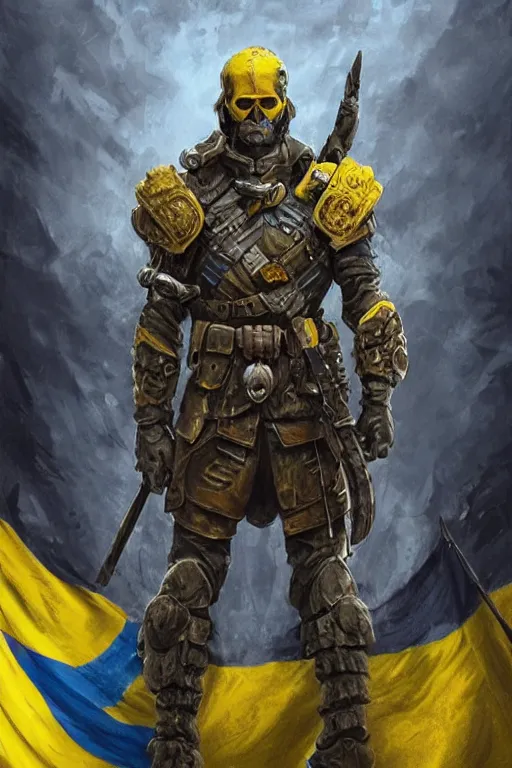 Prompt: a distant shot from behind of a Ukrainian super soldier with blue and yellow flag behind him standing alone on a huge pile of skulls as a winner, masculine muscular figure, D&D, fantasy, intricate, elegant, highly detailed, extremely detailed, digital painting, artstation, concept art, matte, sharp focus, symmetrical, illustration, art by Artgerm and Greg Rutkowski and Alphonse Mucha