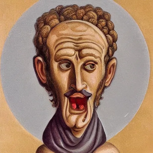 Image similar to portrait of ancient silly greek man with big eyes and sharp nose and open mouth. fine detail. artistic painting by lurid