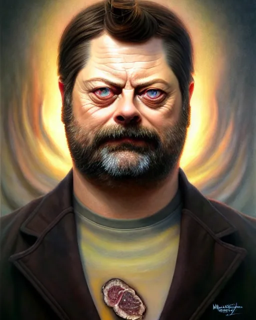 Image similar to detailed portrait of nick offerman offal!! organ meats by tomasz alen kopera and peter mohrbacher and johanna martine! and margaret keane! coherent luminescent