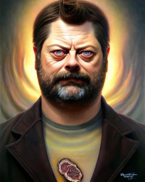 Prompt: detailed portrait of nick offerman offal!! organ meats by tomasz alen kopera and peter mohrbacher and johanna martine! and margaret keane! coherent luminescent