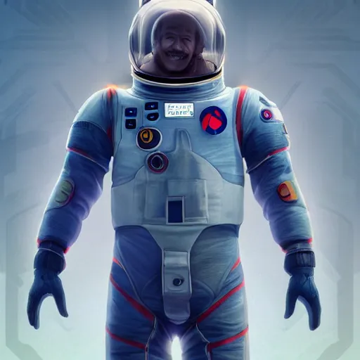 Image similar to a man in a space suit with a peace sign on his chest, computer graphics by senior character artist, trending on cgsociety, antipodeans, soviet propaganda, rtx, elite