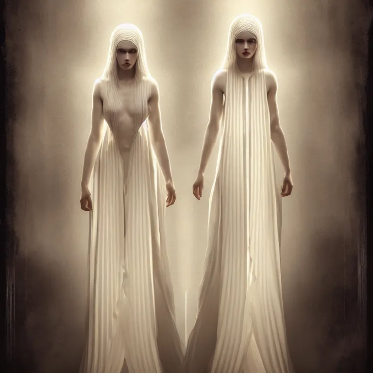 Image similar to alone with herself wonderful symmetrical woman albino goddess with a wonderful face with a beautiful porcelain symmetrical body dressed with a majestic semi transparent cream long cotton dress, hightly ornate, intricate, detailed, dramatic light, award winning, octane render, tom bagshaw style