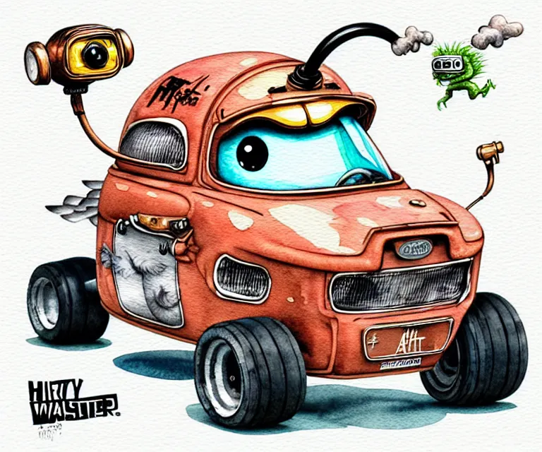 Prompt: cute and funny, mangalitsa wearing a helmet driving a tiny hot rod with an oversized engine, ratfink style by ed roth, centered award winning watercolor pen illustration, isometric illustration by chihiro iwasaki, edited by craola, tiny details by artgerm and watercolor girl, symmetrically isometrically centered