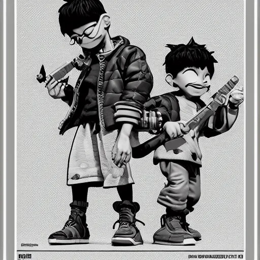 Image similar to rpg character concept art, twin brothers being cute and gangsta, intricate detail, in the style of jamie hewlett killian eng kawase hasui riyoko ikeda, 3 d render, artstation trending, 8 k, octane render, photorealistic, sharp detail, manga, black and white