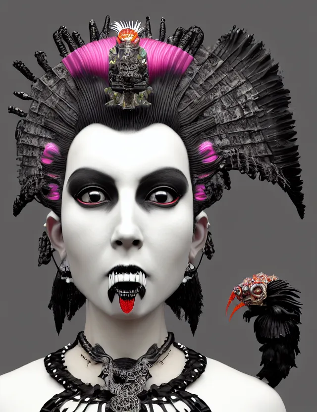 Image similar to 3 d goddess close - up profile portrait punk with mohawk in victorian style with ram skull. beautiful intricately detailed japanese crow kitsune mask and clasical japanese kimono. betta fish, jellyfish phoenix, bio luminescent, plasma, ice, water, wind, creature, artwork by tooth wu and wlop and beeple and greg rutkowski