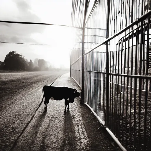 Image similar to cow running from a cage to a light of freedom