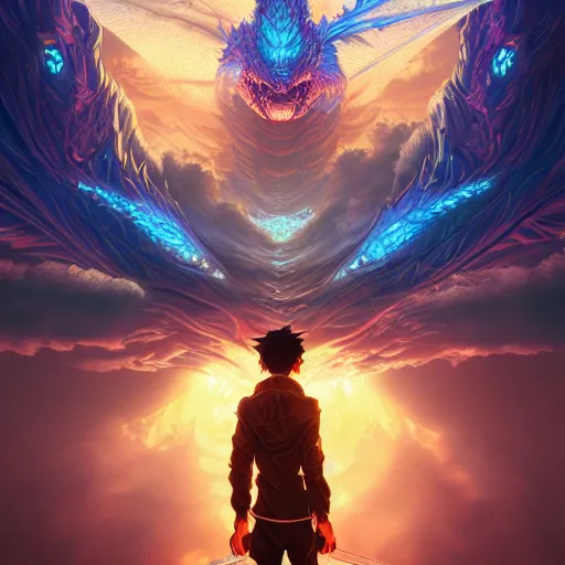 Image similar to the second dragon by dan mumford, yusuke murata, makoto shinkai, ross tran, cosmic, heavenly, god rays, intricate detail, cinematic, 8 k, cel shaded, unreal engine, featured on artstation, pixiv