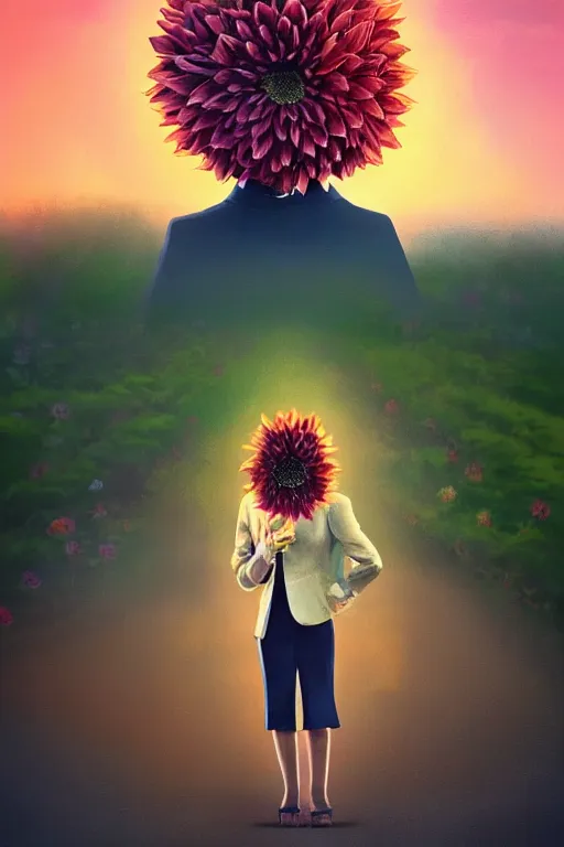 Image similar to closeup giant dahlia flower head, frontal, girl in a suit, standing in street, surreal photography, sunrise, dramatic light, impressionist painting, digital painting, artstation, simon stalenhag