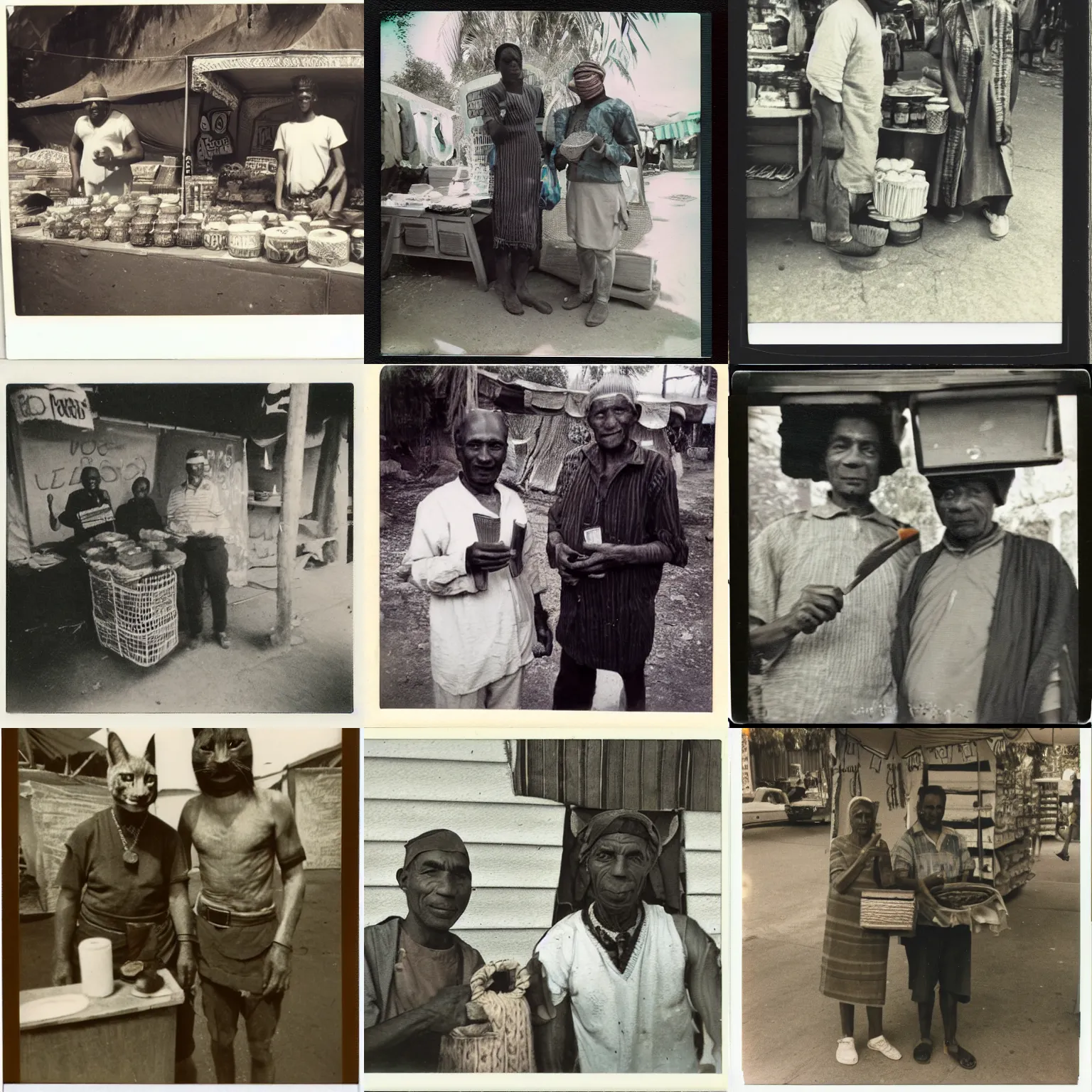 Prompt: Polaroid photo of two Khajiit vendors, 1967