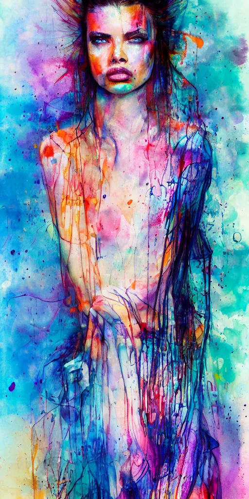 Image similar to adriana lima by agnes cecile enki bilal moebius, intricated details, sitting on a stool, full body portrait, extremely luminous bright design, pastel colours, drips, autumn lights