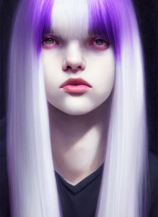 Image similar to hair whitebangs hair, black hair, whitebangs, portrait of teenage girl with white bangs, red irises, purple clothes, white bangs, bangs are different color from hair, intricate, elegant, glowing lights, highly detailed, digital painting, artstation, concept art, smooth, sharp focus, illustration, art by wlop, mars ravelo and greg rutkowski