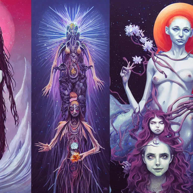 Image similar to non - ordinary girl of # magic the gathering, stars of spirit, by peter rohrabacher annatto finnstark | flowers of purity, future heaven plants by leiko ikemura, and ilya kuvshinov | sparkling atom fractules of skulls and mechs deep under the spine cords, by alex grey and hr giger