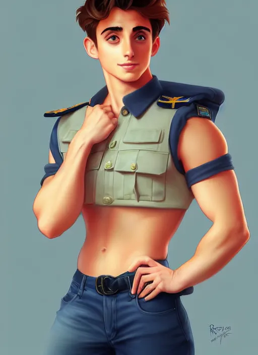 Image similar to cute navy cadet chris mears, natural lighting, path traced, highly detailed, high quality, digital painting, by don bluth and ross tran and studio ghibli and alphonse mucha, artgerm