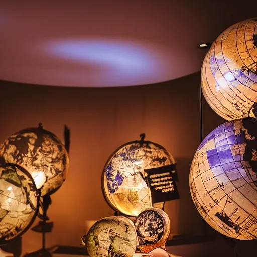 Image similar to medium-shot fantasy world globe in the museum, dreamy mood light, bokeh,