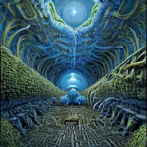 Prompt: a hyper realistic painting of an alien labyrinth, by ralph horsley, highly detailed, vivid color,