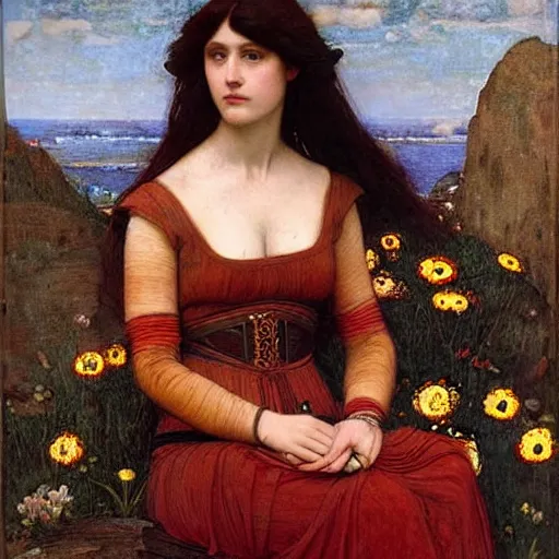 Prompt: Pre-Raphaelite painting of a woman with dark hair in a dark red dress holding a sword in her lap, sitting on a throne of rocks looking down on you, surrounded by flowers and neural networks and geometric drawings, by John William Waterhouse, Pre-Raphaelite painting
