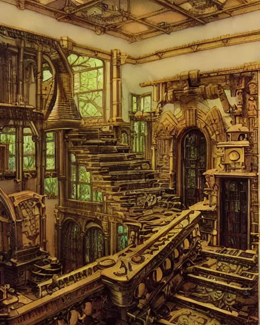 Prompt: steampunk mansion by ralph mcquarrie and frank lloyd frank lloyd and bruce pennington and ted nasmith