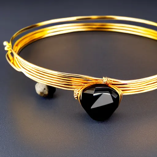 Image similar to archaic Primitive Gold Bangle, 14K Gold Wire, Single Center sinister tungsten rock , Shungite Bangle, Mineral and Gold Jewelry, Product Photography