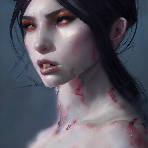 Image similar to A fancy portrait of an attractive succubus by Greg Rutkowski, Sung Choi, Mitchell Mohrhauser, Maciej Kuciara, Johnson Ting, Maxim Verehin, Peter Konig, final fantasy, 8k photorealistic, cinematic lighting, HD, high details, dramatic, dark atmosphere, trending on artstation