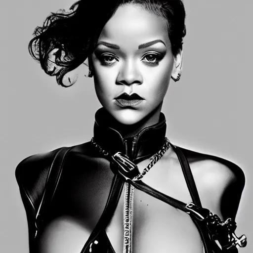 Image similar to detailed rihanna portrait black leather gantz clothes by shunya yamashita