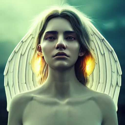 Image similar to portrait art of female angel by alessio albi 8 k ultra realistic, angel wings, lens flare, atmosphere, glow, detailed, intricate, full of colour, cinematic lighting, trending on artstation, 4 k, hyperrealistic, focused, extreme details, unreal engine 5, cinematic, masterpiece