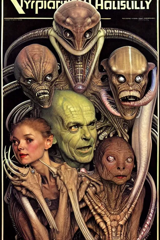 Prompt: hyper realistic aliens by norman rockwell, hr giger, john sargent, mucha