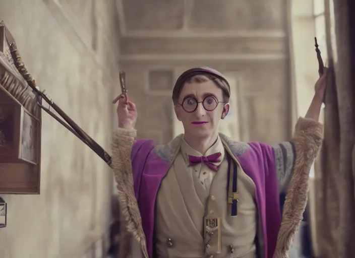 Image similar to a film still of cosplay of harry potter in the grand budapest hotel ( 2 0 1 4 ), 4 k