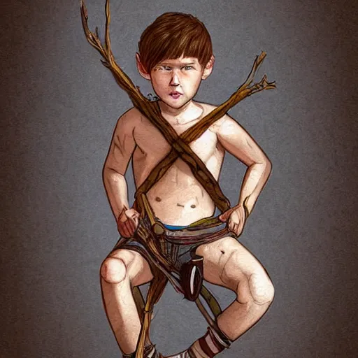Image similar to highly realistic full body art, boy with brown hair and brown eyes, a wooden bow on his back, highly detailed and intricate, concept art illustration