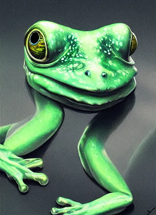 Prompt: hyper realistic portrait of my ethereal waifu cute innocent green slimy alien female froggy lady, played by ana de armas, with adorable uwu eyes painted by greg rutkowski, wlop, 7 0 s scifi