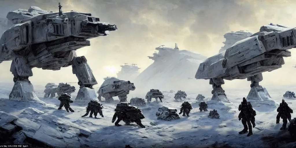 Image similar to the battle of hoth, rebel soldiers fighting enormous imperial atat walkers painted by jan matejko and greg rutkowski. oil on canvas, sharp focus, cinematic atmosphere, detailed and intricate, perfect anatomy, detailed and intricate environment and characters