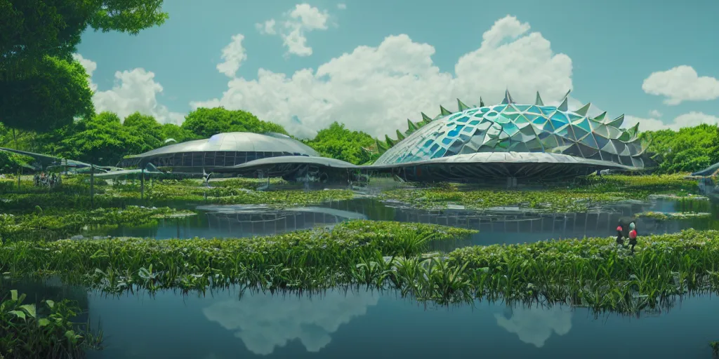 Image similar to expo 6 7 pavillion, solarpunk, studio ghibli, jean - baptiste monge, octane render, 4 k, symmetry