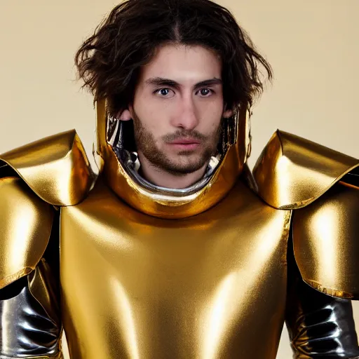 Prompt: A Live Action, radiant, vibrant, extreme long shot, profesional studio photo of a 27-year-old Caucasian attractive male wearing the Gemini Gold Armor, Metallic, Gold Cloth, Beautiful gold Saint, Jaw-Dropping Beauty, gracious, aesthetically pleasing, dramatic eyes, intense stare, immense cosmic aura, from Knights of the Zodiac, Saint Seiya, Gemini constellation in the background, exquisite, art-gem, dramatic representation, hyper-realistic, ultra realistic, photo-realistic, tangible, life size, atmospheric scene, cinematic, trending on ArtStation, Pinterest and Shutterstock, photoshopped, deep depth of field, intricate detail, finely detailed, small details, extra detail, ultra detailed, attention to detail, detailed picture, symmetrical, octane render, arnold render, unreal engine 5, high resolution, 3D model, CGI, PBR, DAZ, path tracing, volumetric lighting, , 8k, Photoshopped, Award Winning Photo, groundbreaking, Deep depth of field, f/22, 35mm, make all elements sharp, at golden hour, Light Academia aesthetic and Socialist realism, by Annie Leibovitz