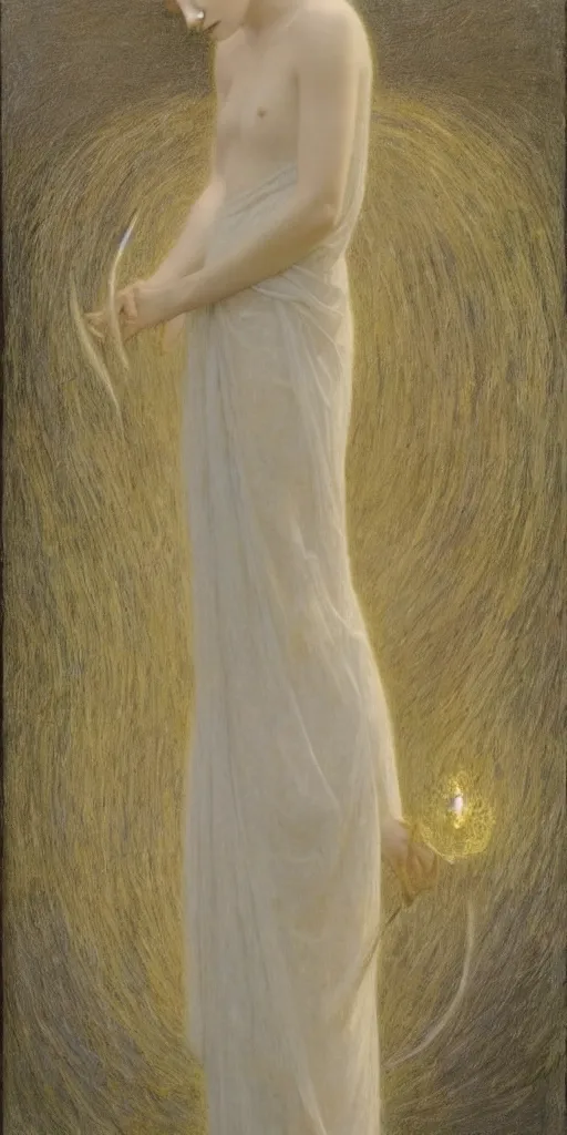 Image similar to Say who is this with silver hair so pale and Wan! and thin? beautiful lone single feminine!! angel in the style of Jean Delville, Lucien Lévy-Dhurmer, Fernand Keller, Fernand Khnopff, oil on canvas, 1896, 4K resolution, aesthetic, mystery