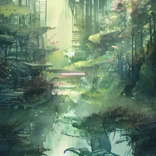 Image similar to Narrow cosy stream in beautiful overgrown futuristic sci-fi city in harmony with nature. Nice colour scheme, soft warm colour. Beautiful detailed watercolor by Lurid. (2022)