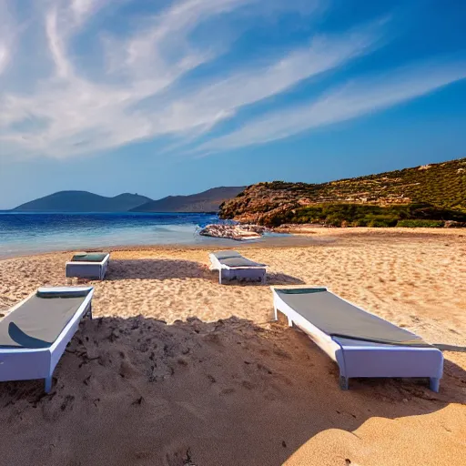 Image similar to beds on Elafonissi Beach in crete, 8k resolution, hyper detailed, professional photograph