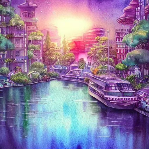 Image similar to Beautiful happy picturesque charming sci-fi city in harmony with nature. Beautiful light. Water and plants. Nice colour scheme, soft warm colour. Beautiful detailed watercolor by Lurid. (2022)