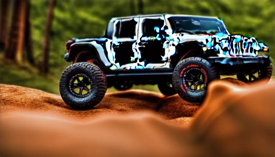 Image similar to Hot Wheels, Jeep Wrangler JKU, cinematic, Maxxis, 8k, depth of field, bokeh.