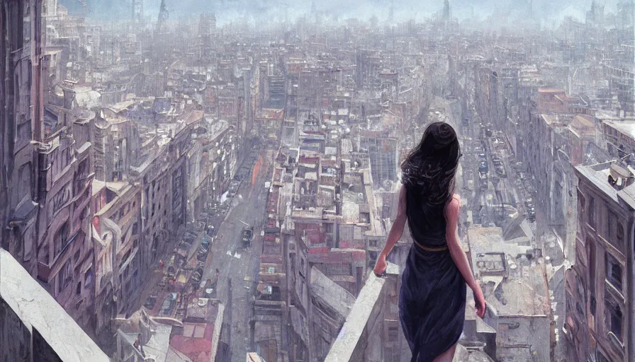Prompt: woman, city, looking down, street top view by wlop, artgerm, greg rutkowski