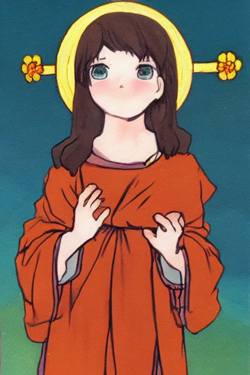 Prompt: jesus as a little happy anime girl, painting by warner sallman,