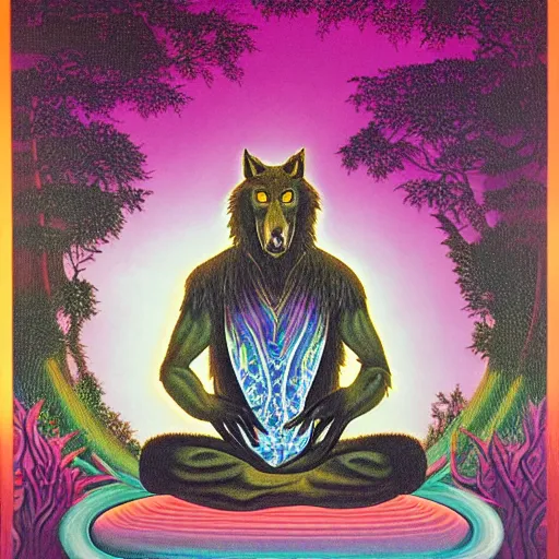 Prompt: a werewolf meditating near a zen waterfall by lisa frank and karel thole and alex grey oil on canvas