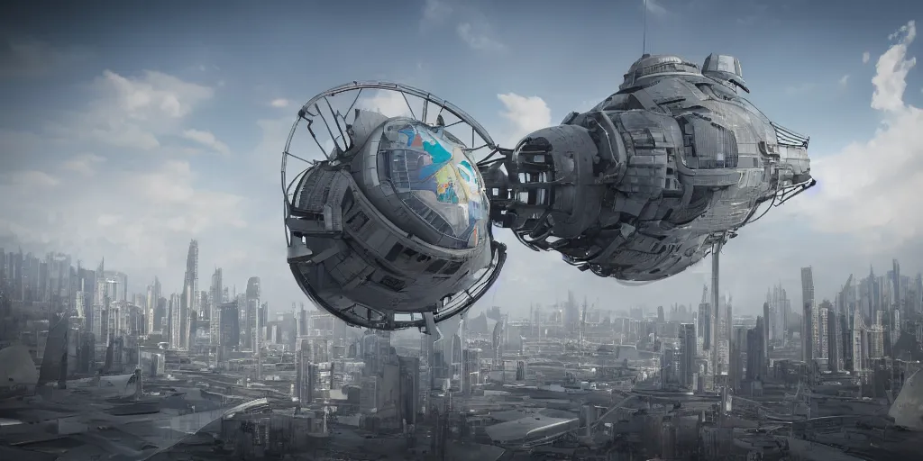 Image similar to dish type anti gravity vehicle flying over the future city, 3 dmax, vray, maya, pixar, unrea 5, hyperrealistic, octane render, dynamic lighting, intricate detail.